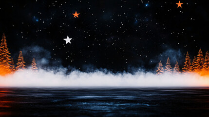 Wall Mural - mystical night scene featuring starry sky with shimmering constellations, surrounded by fog and illuminated trees. atmosphere evokes sense of wonder and tranquility