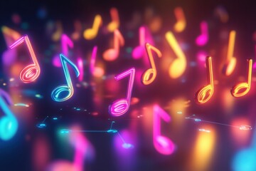 Aufkleber - Colorful 3D music notes floating in a vibrant, dynamic background during a nighttime celebration. Generative AI