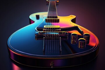 Poster - Stunning 3D representation of a colorful guitar showcasing intricate design and modern aesthetics. Generative AI