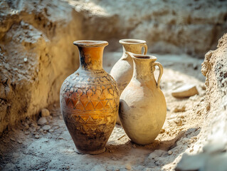 Wall Mural - Archaeological ancient clay vases and amphoras of different shapes with ornament on the background of excavations. Old ceramic vase. Ancient times. Art and history.