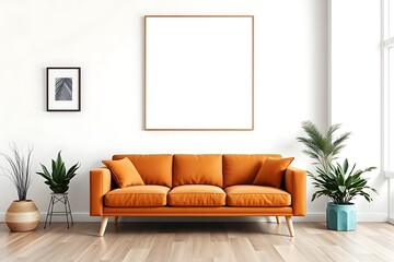 Modern Living Room Mockup: A stylish orange sofa takes center stage in a minimalist living room setting, perfect for showcasing your artwork or design concepts.