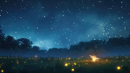 a glowing firefly in front of a vast open sky filled with stars, creating a sense of wonder.