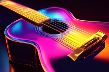 Poster - Vibrant 3D guitar with colorful reflections on a dark background showcasing intricate details and artistic design elements. Generative AI