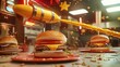 © Iurii - Futuristic mustard dispenser launches golden condiment onto burgers in sleek diner