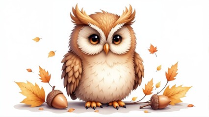 Wall Mural - Cute fluffy owl surrounded by autumn leaves and acorns in a whimsical setting