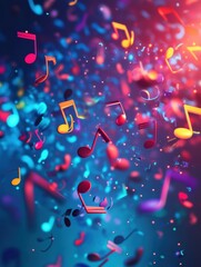 Fototapete - Colorful 3D music notes floating in vibrant patterns create a lively atmosphere in this abstract design. Generative AI