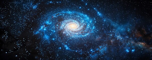 the milky way galaxy, a spiral of blue light illuminating stars against a black space background, sy