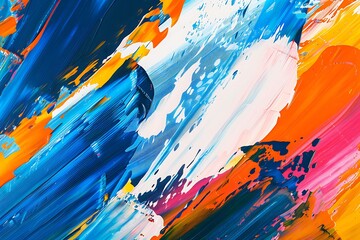 Wall Mural - Abstract background with brush strokes in vibrant blue, orange, red, yellow, pink, and white, oil painting texture, space for text on the right.