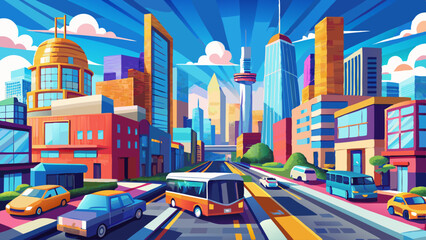 Illustrate a busy urban street with cars, buses, and towering buildings under a blue sky