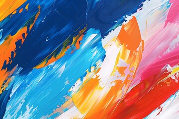 Wall Mural - Abstract background with brush strokes in vibrant blue, orange, red, yellow, pink, and white, oil painting texture, space for text on the right.