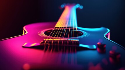 Poster - Colorful 3D guitar with vibrant lighting showcasing intricate details and strings at an artistic angle. Generative AI