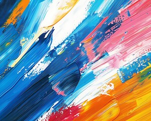 Wall Mural - Abstract brush strokes in blue, orange, red, yellow, pink, and white, oil painting texture, space for text on right.