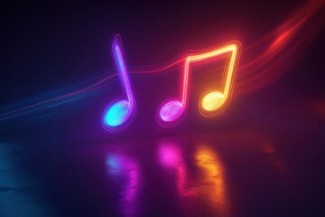 Aufkleber - Colorful 3D music notes glowing in a dark space with vibrant reflections creating a lively atmosphere. Generative AI