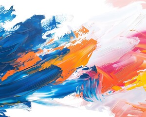 Wall Mural - Abstract brush strokes in blue, orange, red, yellow, pink, and white, oil painting texture, space for text on right.