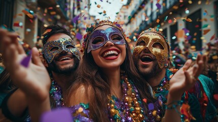 Wall Mural - A diverse group of friends joyfully celebrating Mardi Gras, wearing colorful masks and beads, with confetti falling around them in warm lighting