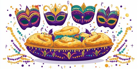 Wall Mural - Festive Mardi Gras foods like beignets and gumbo on a decorative platter, surrounded by colorful masks and beads in a vibrant vector design