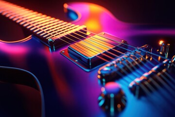 Poster - Vibrant blue 3D guitar with glowing strings displayed in dark setting showcasing modern design elements and detailed craftsmanship. Generative AI