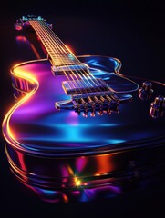 Aufkleber - Vibrant 3D guitar showcasing colorful light reflections in a dark setting. Generative AI