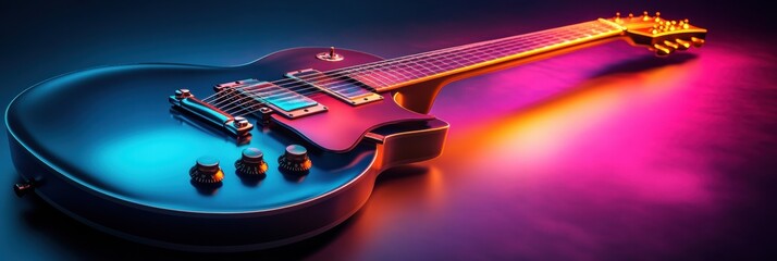 Poster - Vibrant 3D guitar resting on a reflective surface with colorful lighting effects creating a captivating atmosphere. Generative AI