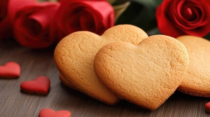 Wall Mural - Romantic heart-shaped cookies with roses indoor setting food photography cozy atmosphere love concept