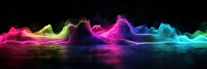 Aufkleber - Pulsating 3D light waves emit a vibrant neon glow in a dark ambient space. Generative AI