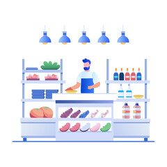 Poster - A flat illustration of a grocery store with a man preparing food behind the counter