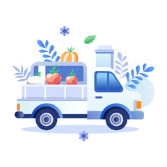 Poster - Flat illustration of a white food delivery truck loaded with fresh produce