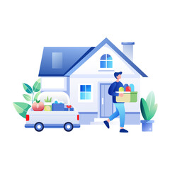 Poster - A flat illustration of a man's grocery delivery to a house  