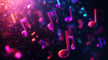 Fototapete - Vibrant 3D music notes floating in a colorful abstract background with shimmering light effects. Generative AI