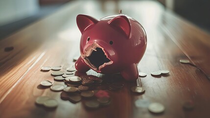 Wall Mural - Shattered Piggy Bank on Wooden Table with Coins Spilled, Depicting Financial Struggles and the Urgency for Smart Money Management Strategies