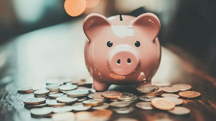 Wall Mural - Shattered Piggy Bank on Wooden Table with Coins Spilled, Depicting Financial Struggles and the Urgency for Smart Money Management Strategies