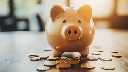 Wall Mural - Shattered Piggy Bank on Wooden Table with Coins Spilled, Depicting Financial Struggles and the Urgency for Smart Money Management Strategies