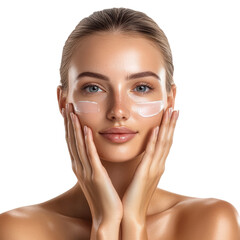 close-up portrait of beautiful young woman with glowing skin applying moisturizing cream under her e
