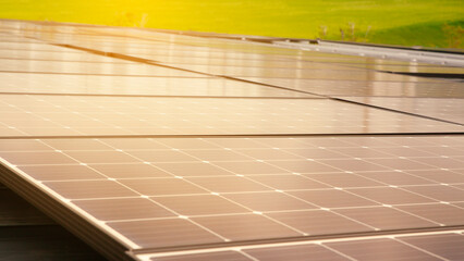 Wall Mural - sun-powered panels generate clean electricity on rooftops and at a solar plant, harnessing renewable