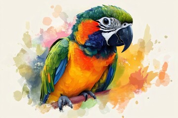 Wall Mural - Colorful harlequin macaw parrot perching on branch with watercolor effect