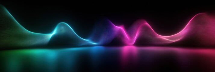 Poster - 3D pulsating light waves creating a vibrant neon glow in a dark setting with dynamic motion effects. Generative AI