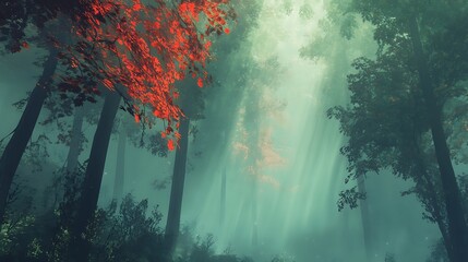 Poster - Misty forest path with red leaves and sunlight.