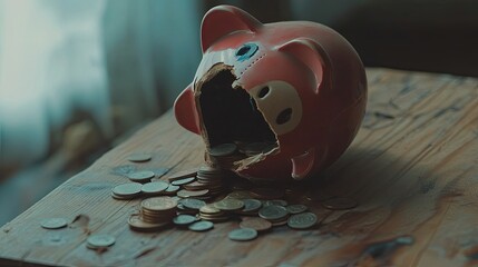 Wall Mural - Shattered Piggy Bank on Wooden Table with Coins Spilled, Depicting Financial Struggles and the Urgency for Smart Money Management Strategies