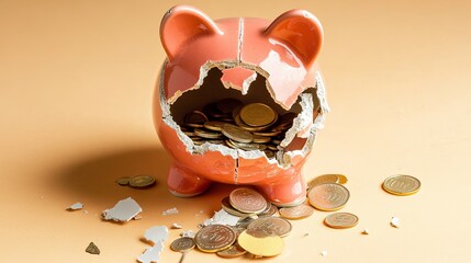 Wall Mural - Shattered Piggy Bank on Wooden Table with Coins Spilled, Depicting Financial Struggles and the Urgency for Smart Money Management Strategies