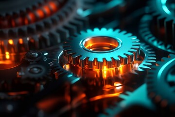 Aufkleber - Gears rotating and connecting in a complex mechanism with orange and teal lighting