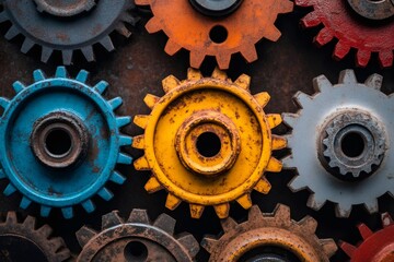 Aufkleber - Colorful interlocking gears working together in a complex mechanism