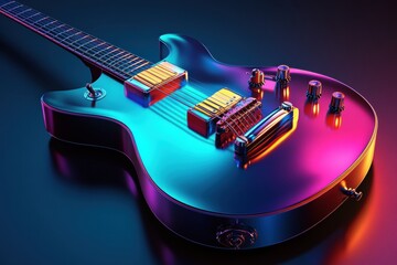 Poster - Vibrant 3D guitar with colorful lighting emphasizing its design and features at a creative studio setup. Generative AI