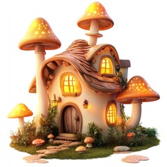 Enchanted forest house with glowing mushrooms. vector style art 3d illustration Isolated on White Background