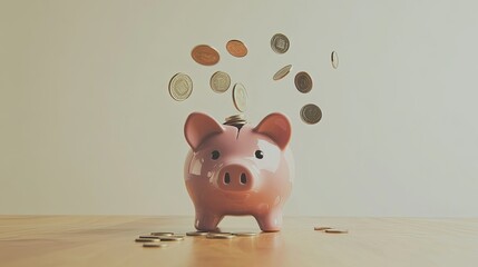 Wall Mural - Broken Piggy Bank with Scattered Coins on Wooden Table Representing Financial Loss and Need for Better Money Management