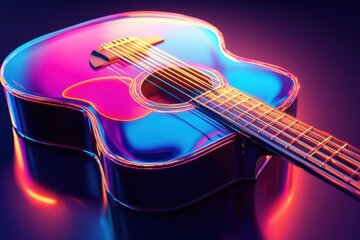 Poster - Vibrant 3D guitar shining under colorful lights in a modern setting. Generative AI