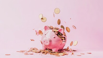 Wall Mural - Broken Piggy Bank with Scattered Coins on Wooden Table Representing Financial Loss and Need for Better Money Management