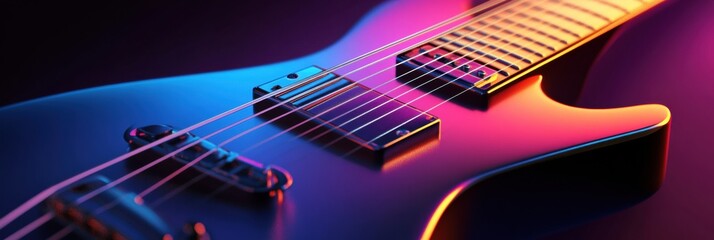 Poster - Vibrant 3d guitar with colorful lighting showcasing intricate details and modern design in a creative setting. Generative AI