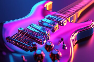 Poster - Vibrant 3D guitar design with illuminated strings showcased in an artistic setting. Generative AI