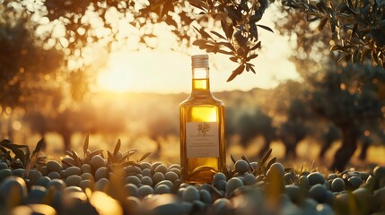 Canvas Print - Golden olive oil bottle standing on freshly harvested olives at sunset in olive grove