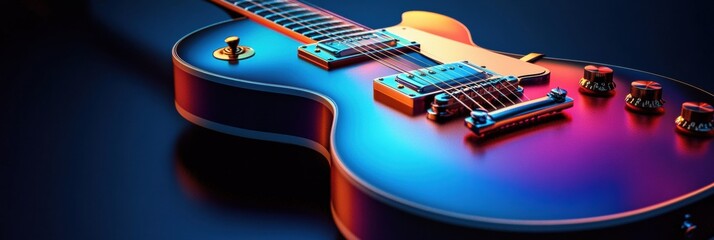 Poster - Vibrant 3D guitar showcasing intricate details and striking colors on a dark background. Generative AI